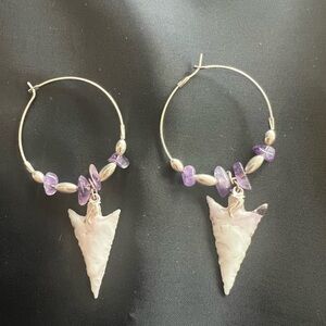 Silver and Purple Hoop Earrings with Arrowhead Charm